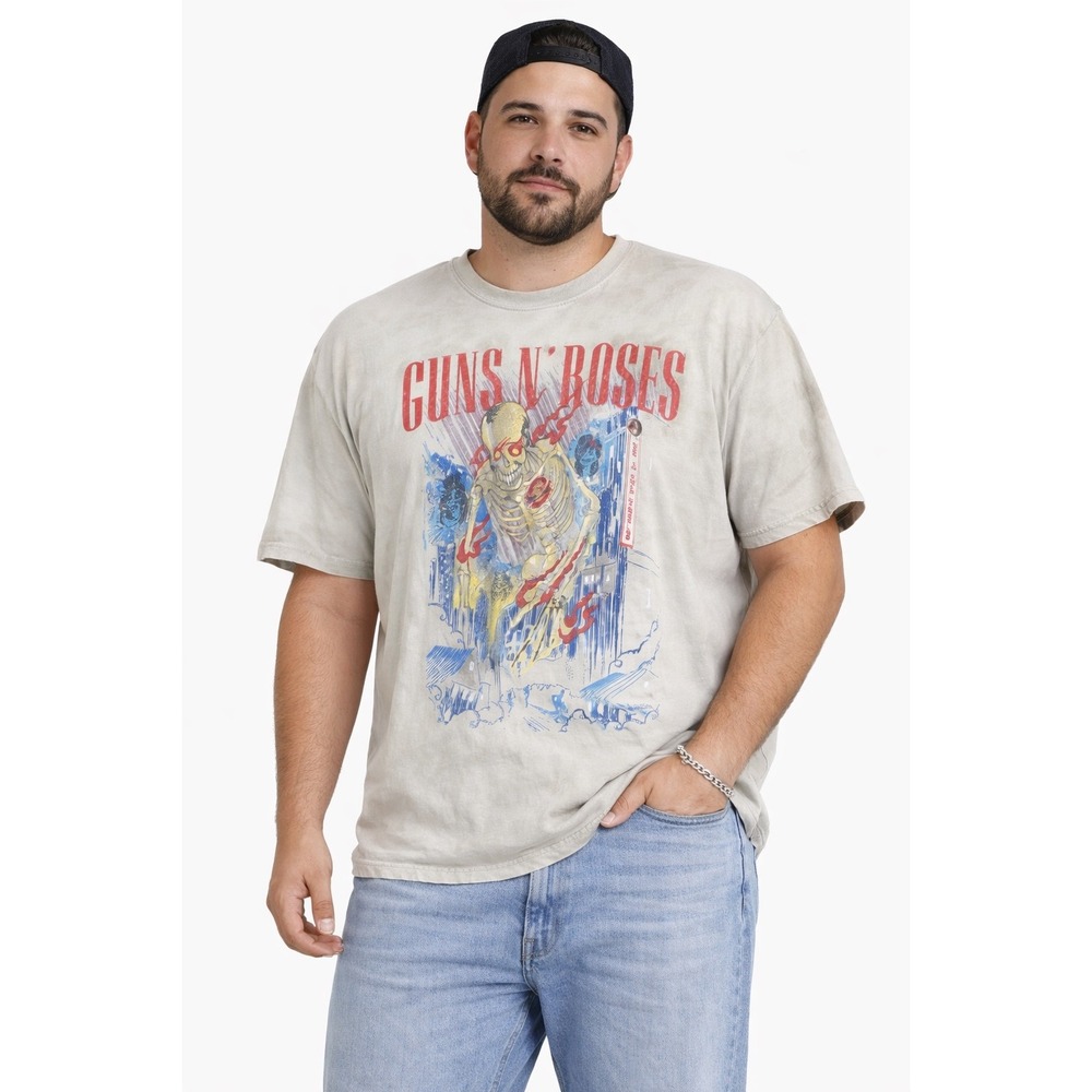 Guns N Roses Graphic Tee Mens XL Grey Distressed Skeleton Rock Band Shirt‎